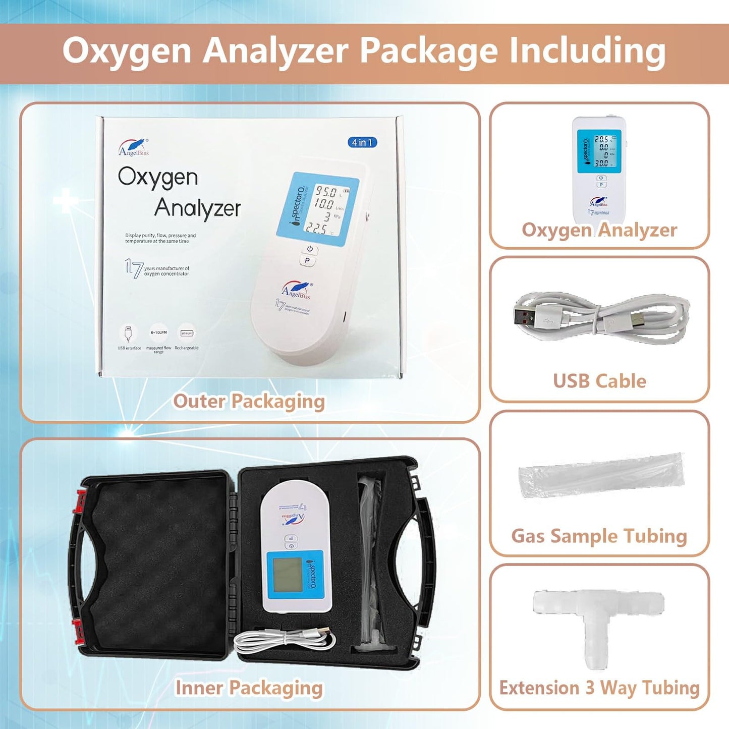 Oxygen Analyzer 4-in-1 Handheld Gas Purity & Flow Tester with LCD Display, Measures O₂ Concentration, Flow Rate (LPM), Pressure (PSI/kPa) & Temperature – Rechargeable Battery Powered
