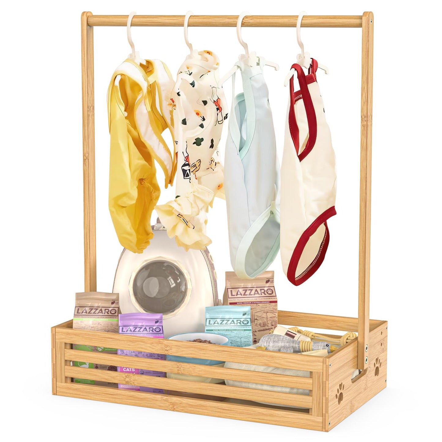 BAMBOOHOMIE Baby Clothing Rack for Toddler, Pets Clothes Rack with Storage Box & Adjustable Hanging Rod for Dogs/Cats, Baby Shower Clothes Closet Rack with Handle for Nursery Room, Natural Bamboo