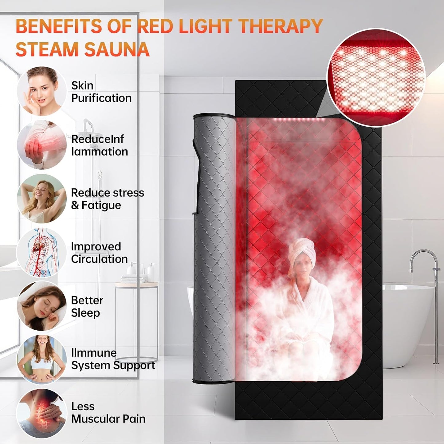 Ceyodo Infrared Sauna Box, Portable Sauna with 660nm Red Light Therapy & 850nm,5-Layer Waterproof, 3L 1300W Steamer,Folding Chair,for Home Sauna Spa Personal Saunas Tent Indoor Outdoor