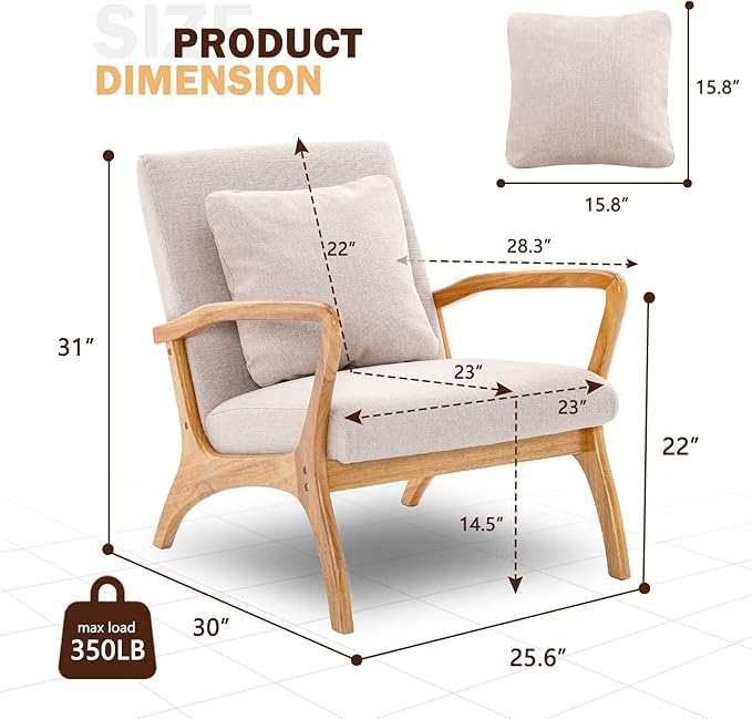 ELUCHANG Accent Chair with Lumbar Pillow,Mid-Century Modern Accent Chair Armchair, Linen Fabric Comfy Reading Chair Lounge Side Chair for Living Room Bedroom Apartment,Easy Assembly(Beige,2PCS)