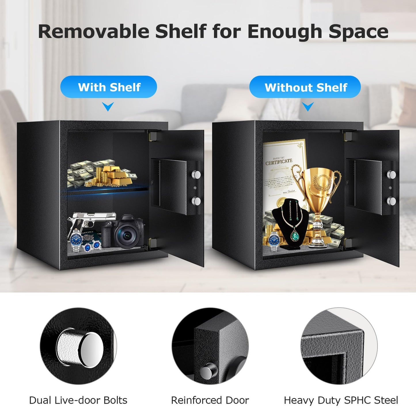 Bonsaii Steel Safe Box with Digital Keypad Lock, 1.2 Cubic Feet Security Document Safe with Removable Shelf for Home, Hotel, Office, Valuables, Money, 12.99 x 14.17 x 12.99 Inches