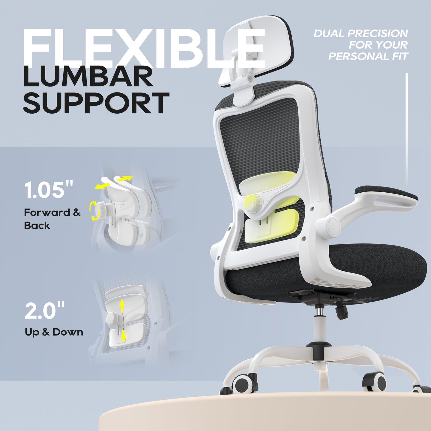 Zeonsit Ergonomic Office Chair, High Back Mesh Desk Chair with Adjustable Lumbar Support & Headrest, Flip-up Armrest, Computer Task Chairs for Home and Executive Office (W-Black)