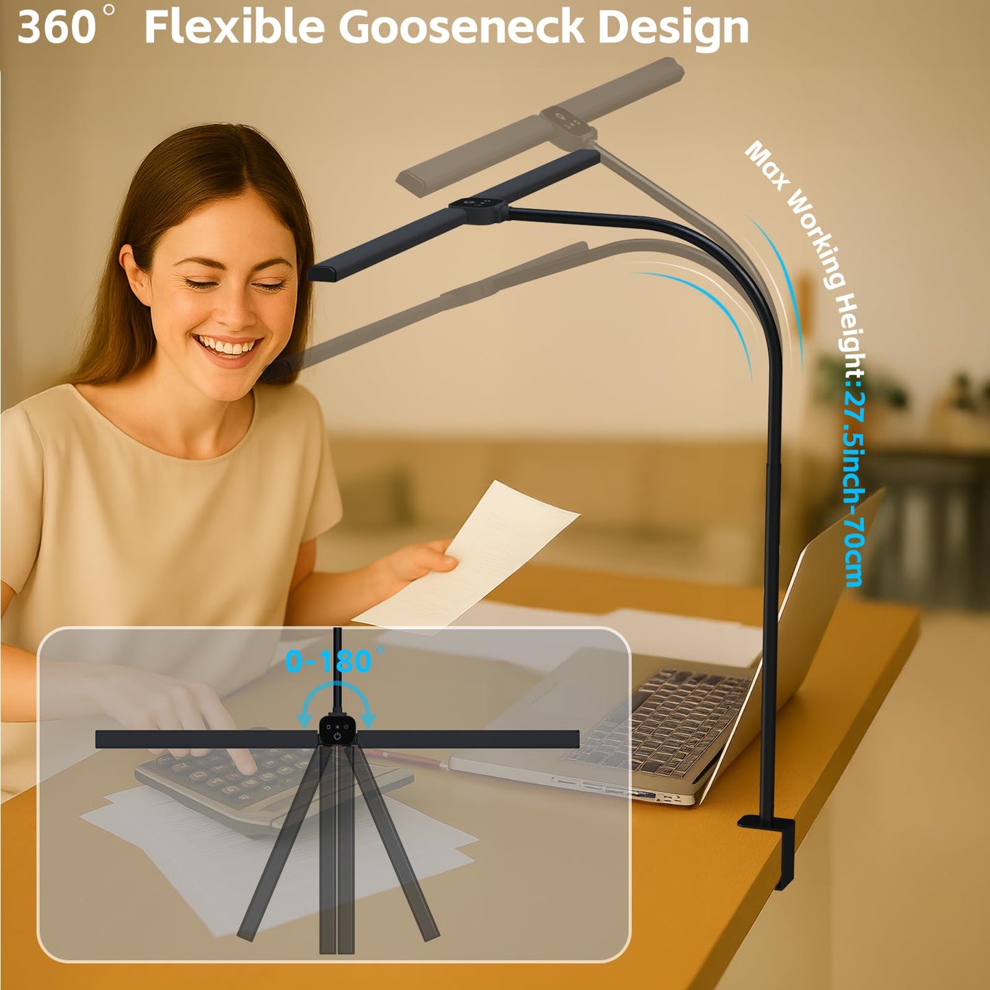 LED Desk Lamp for Home Office, Eye Caring Architect Desk Light with Clamp,50 Lighting Models,Remote and Touch Control,24W 2000LM,Memory Function and Timer for Study, Reading,Workbench Black