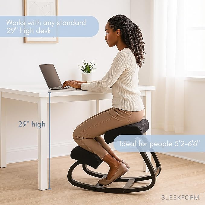 Sleekform Ergonomic Kneeling Chair | Rocking Balancing Wood Knee Stool | Posture Chair for Bad Backs, Neck Pain & Spine Tension Relief | Orthopedic Balance Seat & Thick Comfortable Knees Cushions