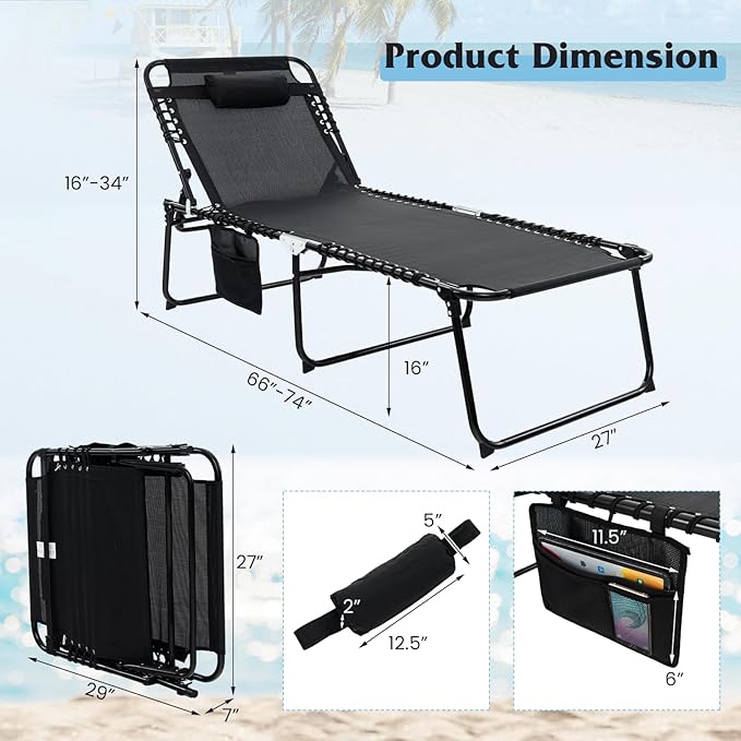 GYMAX Lounge Chair for Outside, 440lbs 27” Oversize Folding Beach Tanning Sunbath Chair with Adjustable Backrest & Removable Pillow, Lightweight Portable Patio Lounger for Lawn Poolside (1, Black)