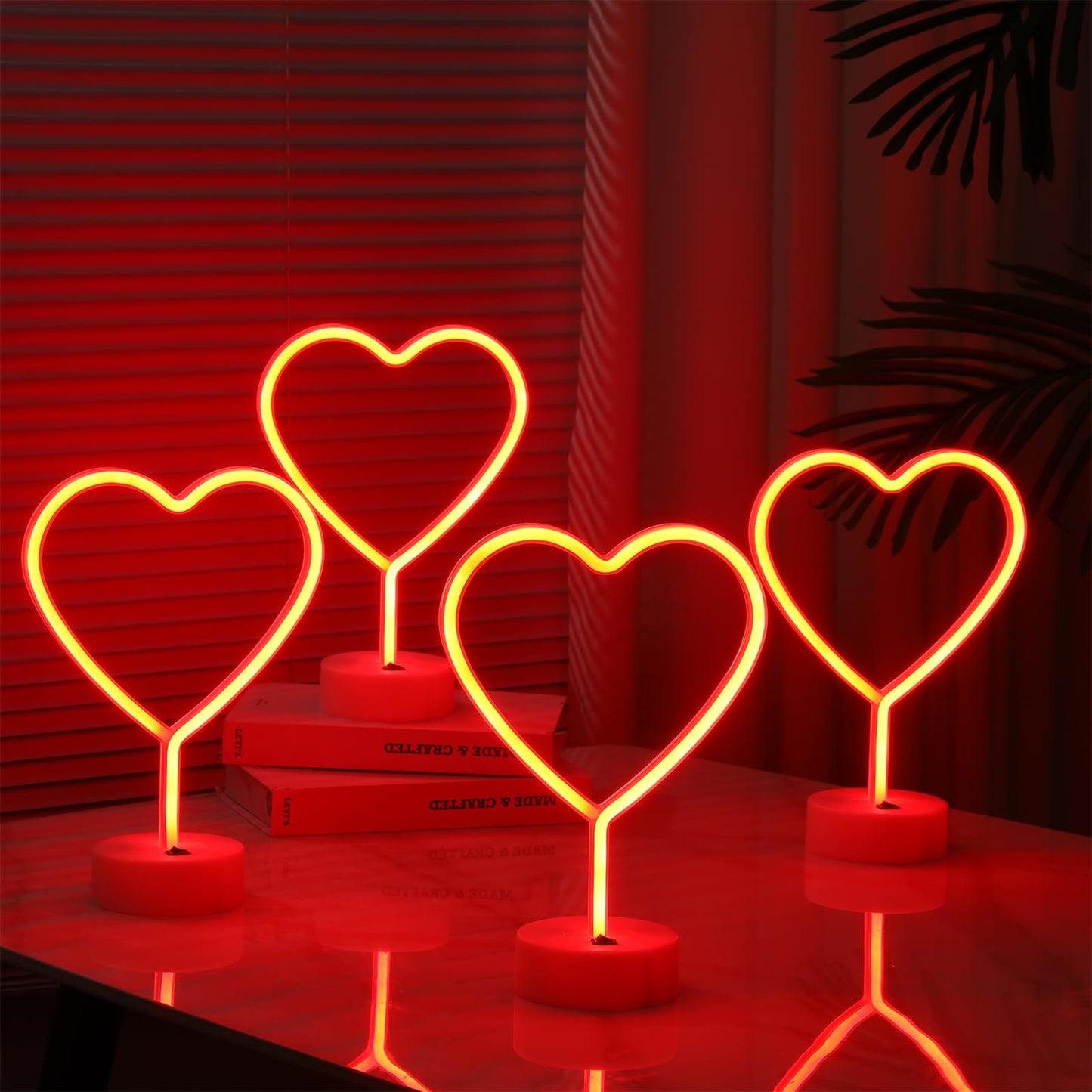 Retisee 4 Pack Valentine's Day Heart Neon Sign LED Neon Light Battery Operated or USB Powered Heart Signs Lamp Gifts for Bedroom Decorations Anniversary(11 x 8 Inches,Red)