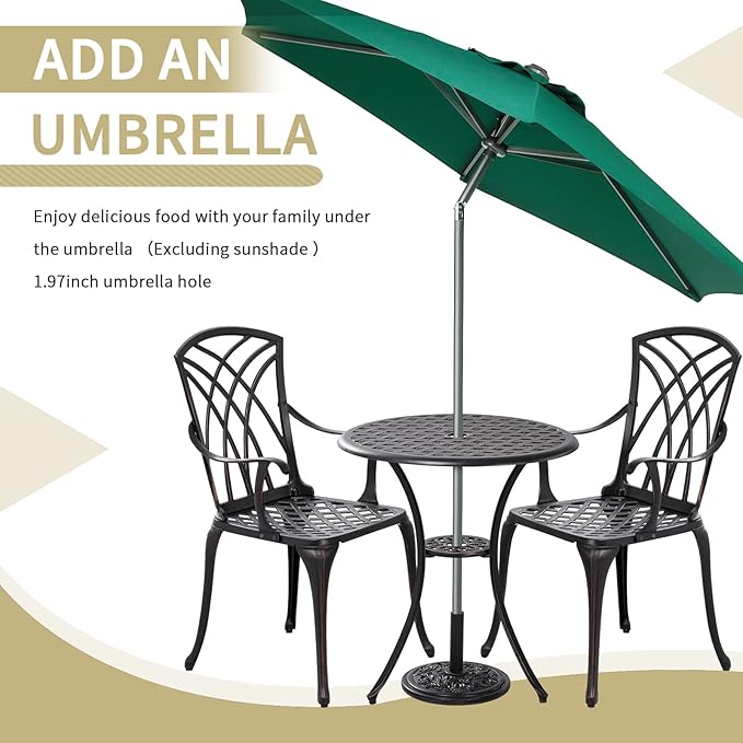 Withniture Outdoor Patio Bistro Set All Weather Bistro Table and Chairs Set of 2 with Umbrella Hole, Cast Aluminum Outdoor Bistro Set Rust-Resistant Patio Furniture for Garden Porch, Bronze