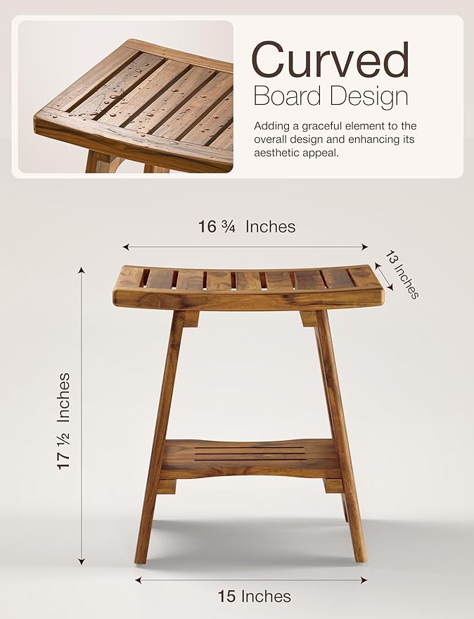 HOLANA 18" Teak Shower Bench for Inside Shower - 450LBS Capacity Wooden Shower Stool Benches Waterproof for Shaving Legs - Bench Seat with Storage Towel Shelf for Bathroom - Tub Bench Chair Spa Bath