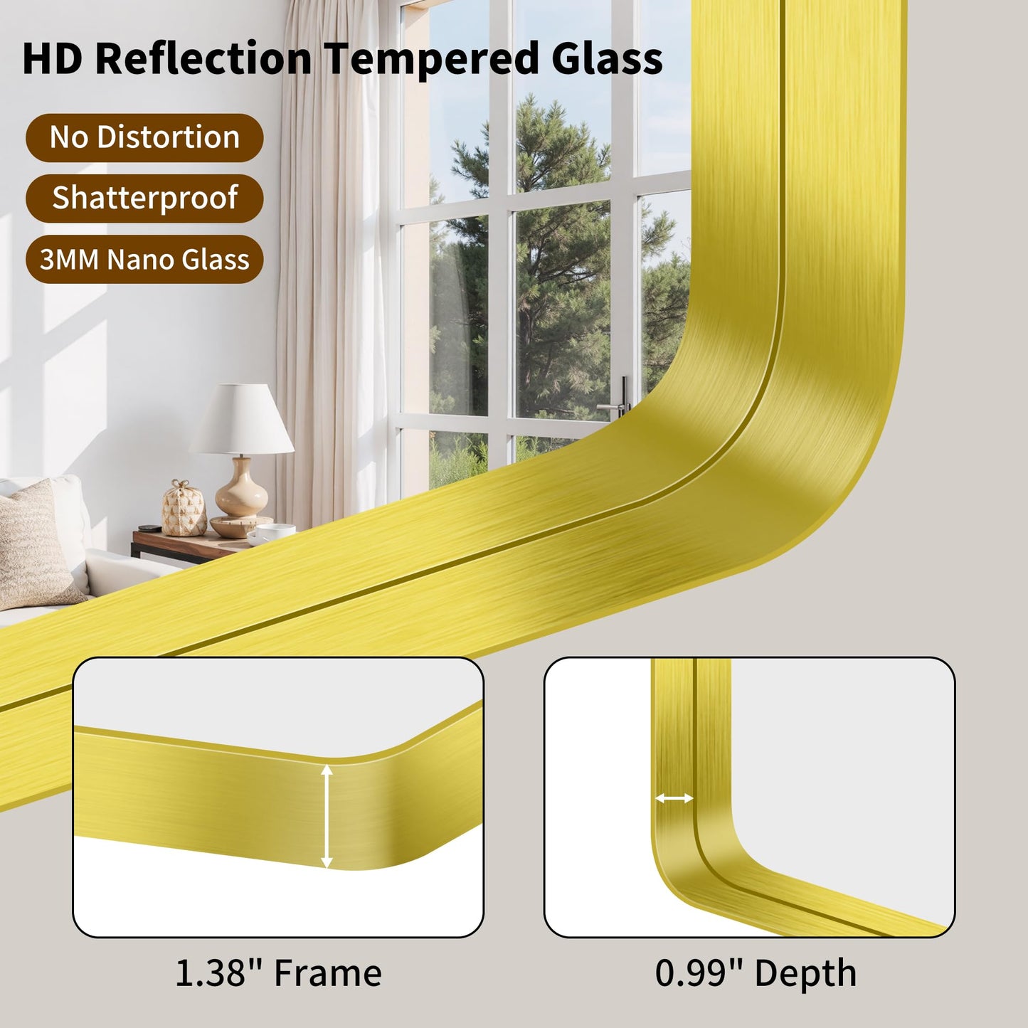 FORBATH 24x48 Inch Bathroom Mirror, Brushed Gold Deep Frame Narrow Wall Mirror with Rounded Corners, Anti-Rust Tempered Glass for Modern Farmhouse Vanity (Horizontal/Vertical)