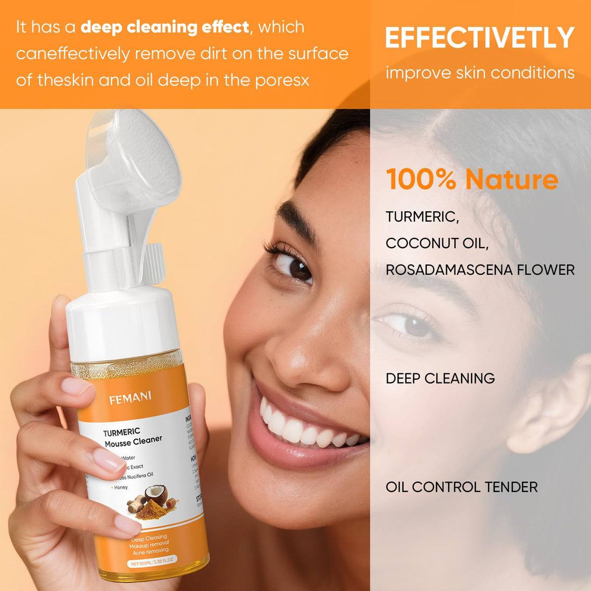 2PCS Turmeric Face Wash with Brush, Turmeric Foaming Facial Cleanser, Fit for All Skin Care with Coconut Oil, 3.38 fl.oz/pc
