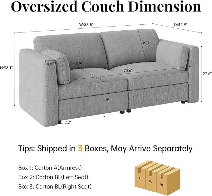 CUGOAO 83.5'' Oversized Loveseat, Couches for Living Room, Deep Seat Chenille Cloud Couch, Modular Sectional Sofa, Removable Cover, Mordern Upholstered Sofa for Apartment, Office, Grey