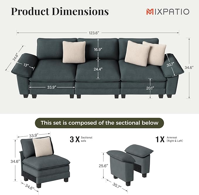 MIXPATIO 123" Cloud Modular Sectional Sofa, 3-Seater w/Deep Seat & Removable Arms, Plush Chenille for Living Room - Cyan