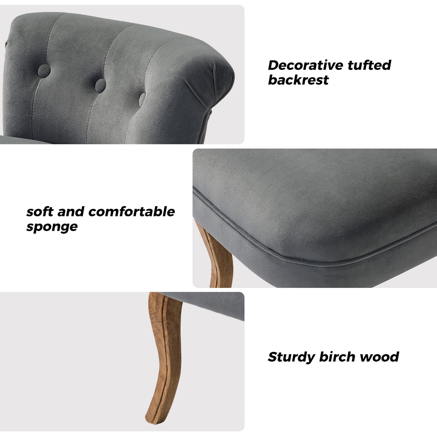 HULALA HOME Velvet Vanity Stool with Low Back, Modern Vanity Chair with Solid Wood Legs, Small Upholstered Makeup Chair Home Decor for Bedroom Living Room Dressing Table, Women Girls, Grey
