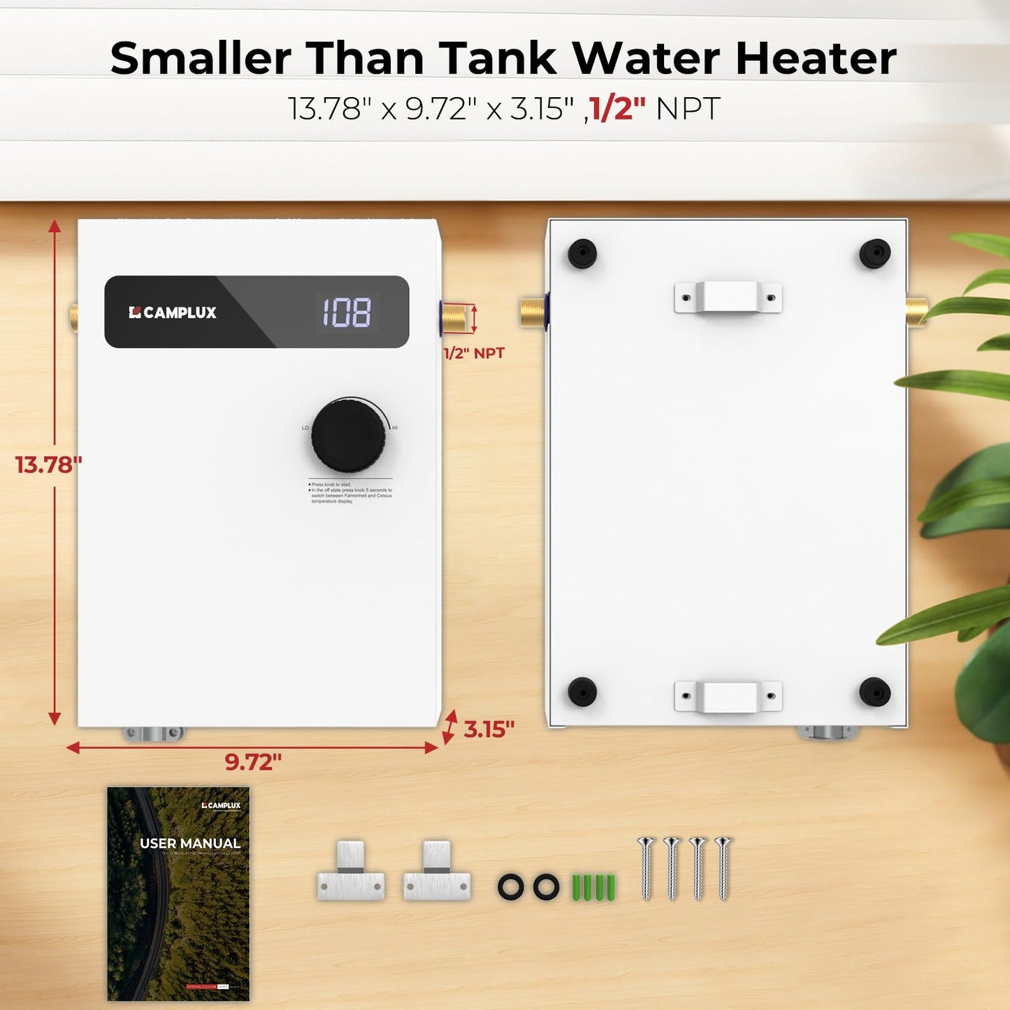 CAMPLUX Tankless Water Heater Electric 11kW 240 Volt, Point-of-Use Digital Display, Electric Instant Hot Water Heater with Self-modulating, Side Water Connection for Easier Installation, White