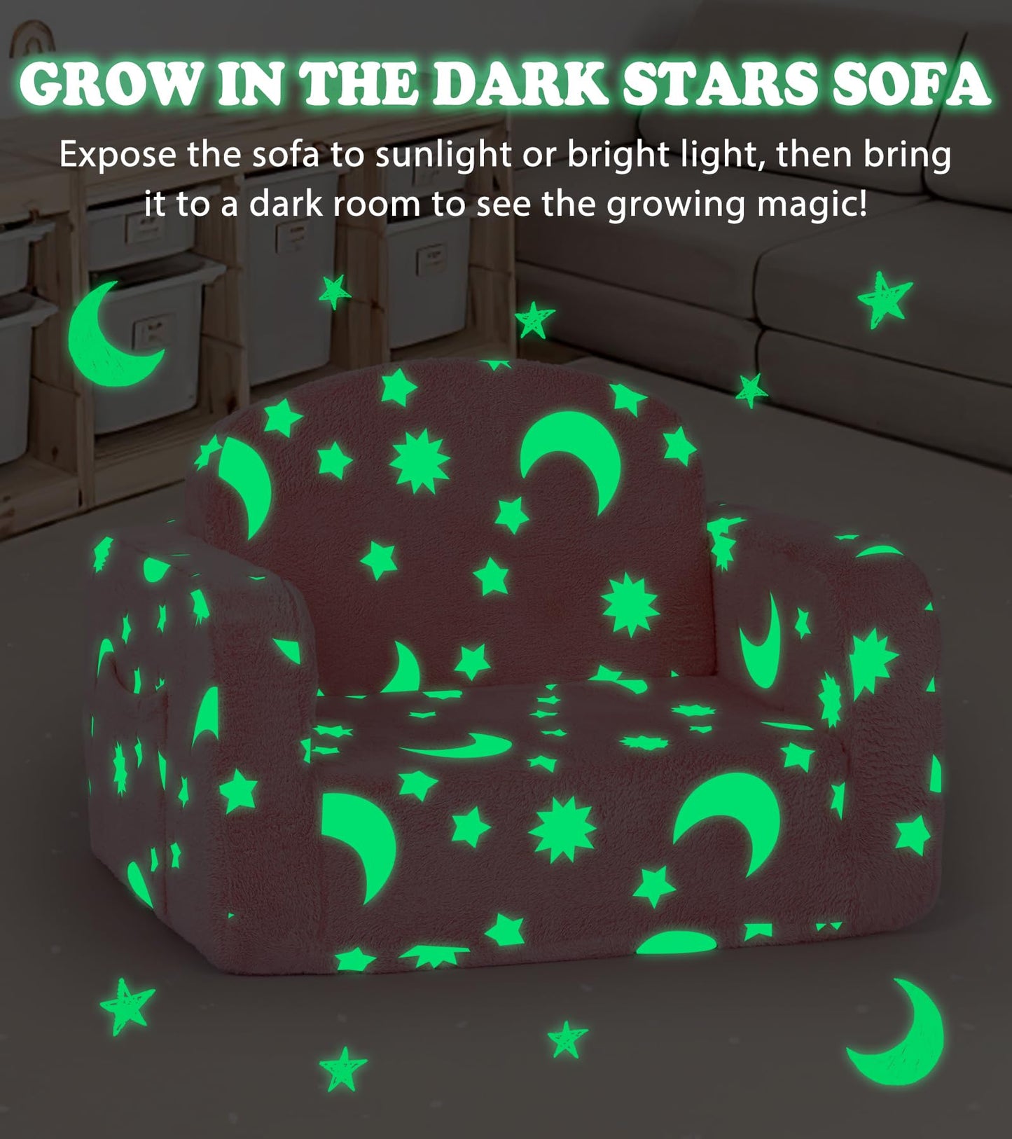 Kids Couch, 2-in-1 Soft Toddler Couch Fold Out with with Blanket and Cloud Pillow, Glow in The Dark, Convertible Sofa Comfy to Lounger, Gifts for Kids Girl Boys, Medium Pink Moon