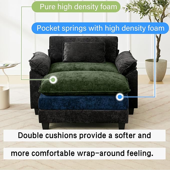 Oprisen 53" Modular Sectional Sofa, Comfy Cloud Couch Sectional Sofa with Ottoman, Chenille Sofa Sleeper Deep Seat Sofa with Throw Pillows for Living Room (Black)
