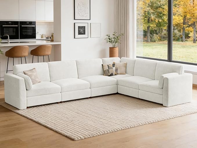 CUGOAO 159'' Modular Sectional Sofa, Oversized L-Shaped Sectional Couch, Deep Seat Chenille Cloud Couch, Removable Cover, Mordern Upholstered Couches for Living Room, Apartment, Office, Beige