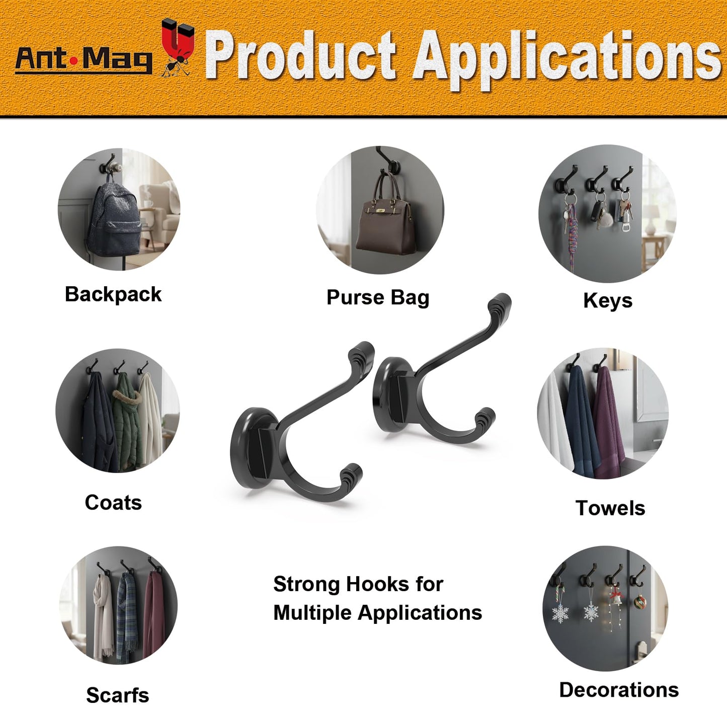 Ant Mag Magnetic Hooks Heavy Duty 140lbs Neodymium Magnet Wall Hooks for Hanging Coats Robes Backpacks Bags Hats Keys Mugs Cups Towels