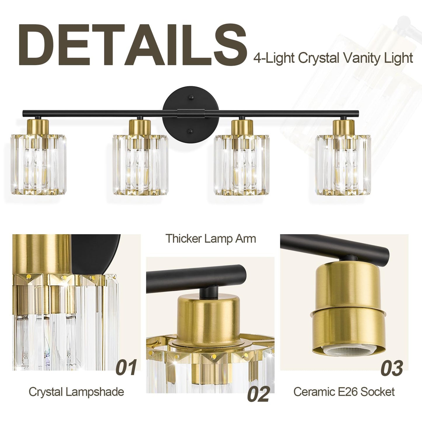 Kvhiiw Crystal Bathroom Light Fixtures, Bathroom Lighting Fixtures Over Mirror, Modern Black Gold 4-Light Vanity Lights for Mirror, Restroom, Bedroom (Ceramic E26 Socket,Bulbs Not Include)
