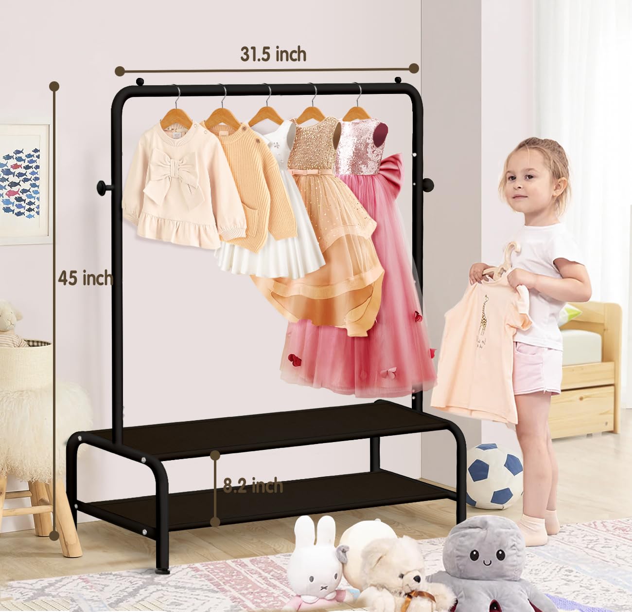mirolam Kids Clothing Rack - Small Garment Rack - Small Kids Costume Wardrobe Rack with 2 Fabric Floors Storage Shelf - Mini Short Baby Toddler Clothes Rack