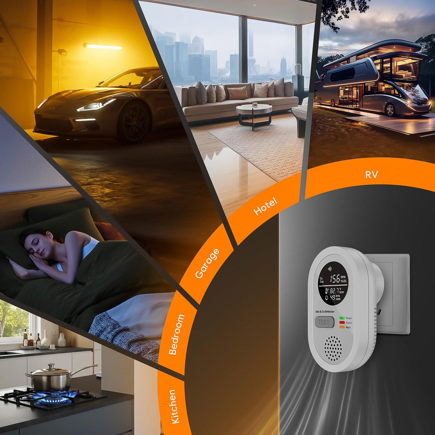 5-in-1 Carbon Monoxide detectors Plug in Wall - FayLuron Portable Carbon Monoxide Detector for Travel with Temperature & Humidity Display, Carbon Monoxide Alarm for Home/Hotel/RV