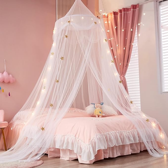 Nattey Bed Canopy with Lights for Girls,Gold Star Princess Crib Canopy Curtains,Extra Large Dome Mosquito Net Reading Nook...