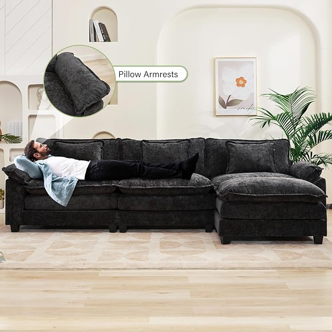 Oprisen 120" Modular Sectional Sofa, Comfy Cloud Couch Sectional Sofa with Ottoman, Chenille Sofa Sleeper Deep Seat Sofa with Throw Pillows for Living Room (Black, 120"- L Shape)