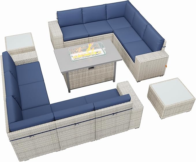 Broivira 13 Piece Patio Furniture Set with 50,000 BTU Rattan Fire Pit Table That Converts to Coffee Table, 9.8" Wide Arm Sectional Sofa with Storage Armrests, Outdoor Rattan Conversation Set, Blue