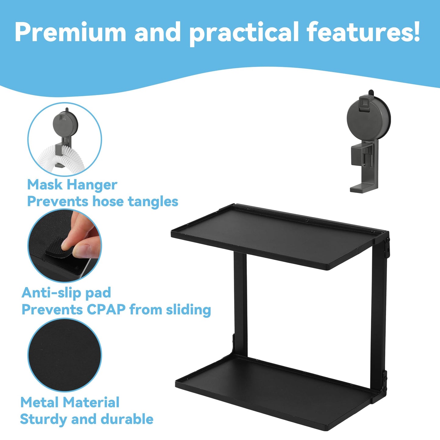 BALAPET Metal CPAP Shelf for Bedside (No CPAP Included),CPAP Hose Holder for Nightstand Supplies for CPAP Organization, Double Iron Shelf Keep Your Desktop Tidy and Protected from Dust.