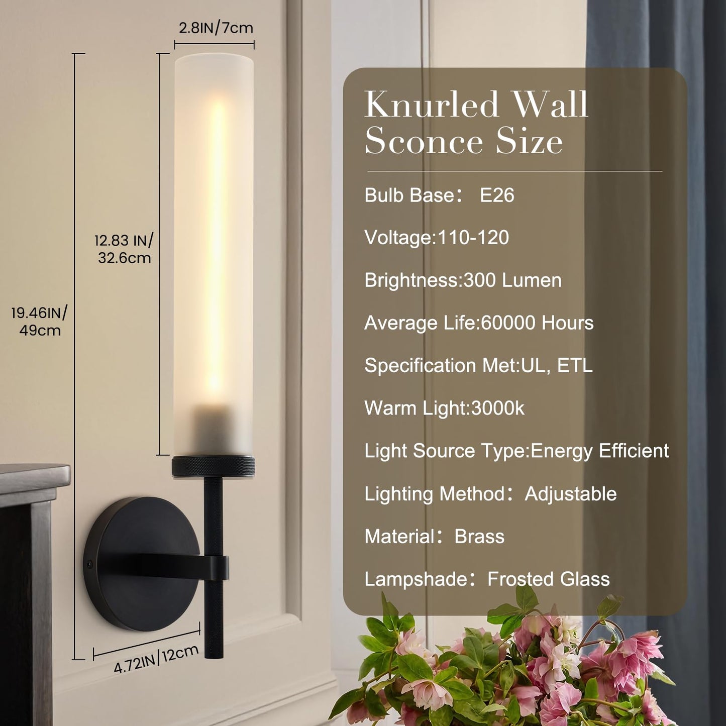 SYBDZSWJ Modern Hardwired Frosted Glass Bathroom Black Wall Sconces 2PC, Handmade Knurled Wall Light Fixture,Vanity Light for Living Room,Hallway, Bedroom, 20" Indoor Wall Lamp, Bulb Included