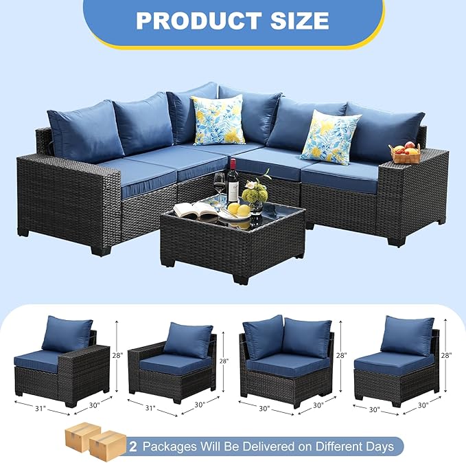SunloungeCo 6 Pieces Patio Furniture Set, Outdoor Couch Sofa with Wider Armrests & Glass Coffee Table, Outdoor Sectional Furniture with Thick Cushions for Party, Poolside,Garden-Navy