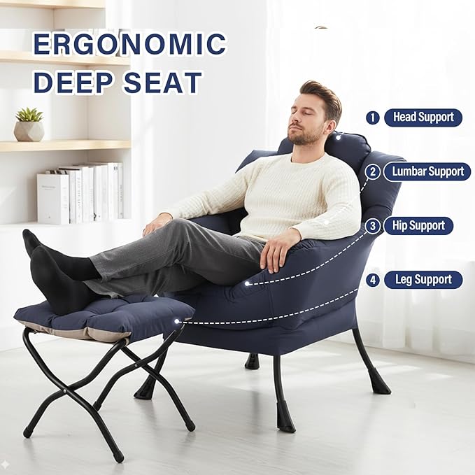 Furlide Lazy Chair with Ottoman, Modern Lounge Chair with Lumbar Pillow, Accent Cozy Reading Armchair and Folding Footstool for Bedroom, Dorm, Living Room,Navy