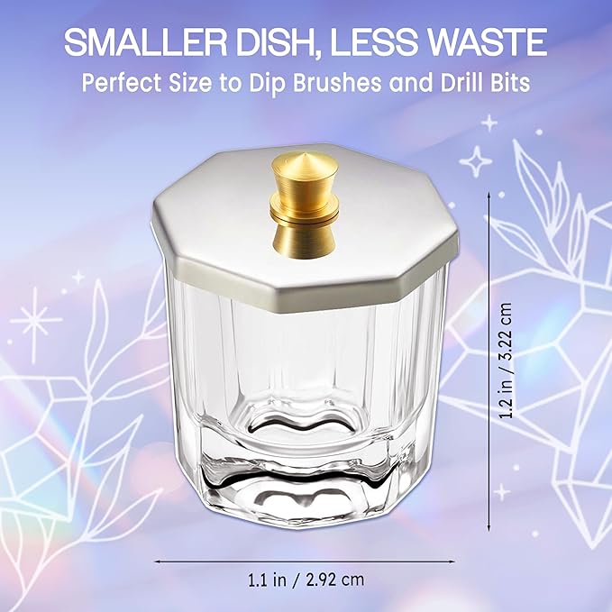 Beauticom Crystal Glass Dappen Dish for Acrylic Nail Dip Powder, Monomer, and Nail Polish Remover (Octagon Shape w/Stainless Steel Lid, 1 Piece)