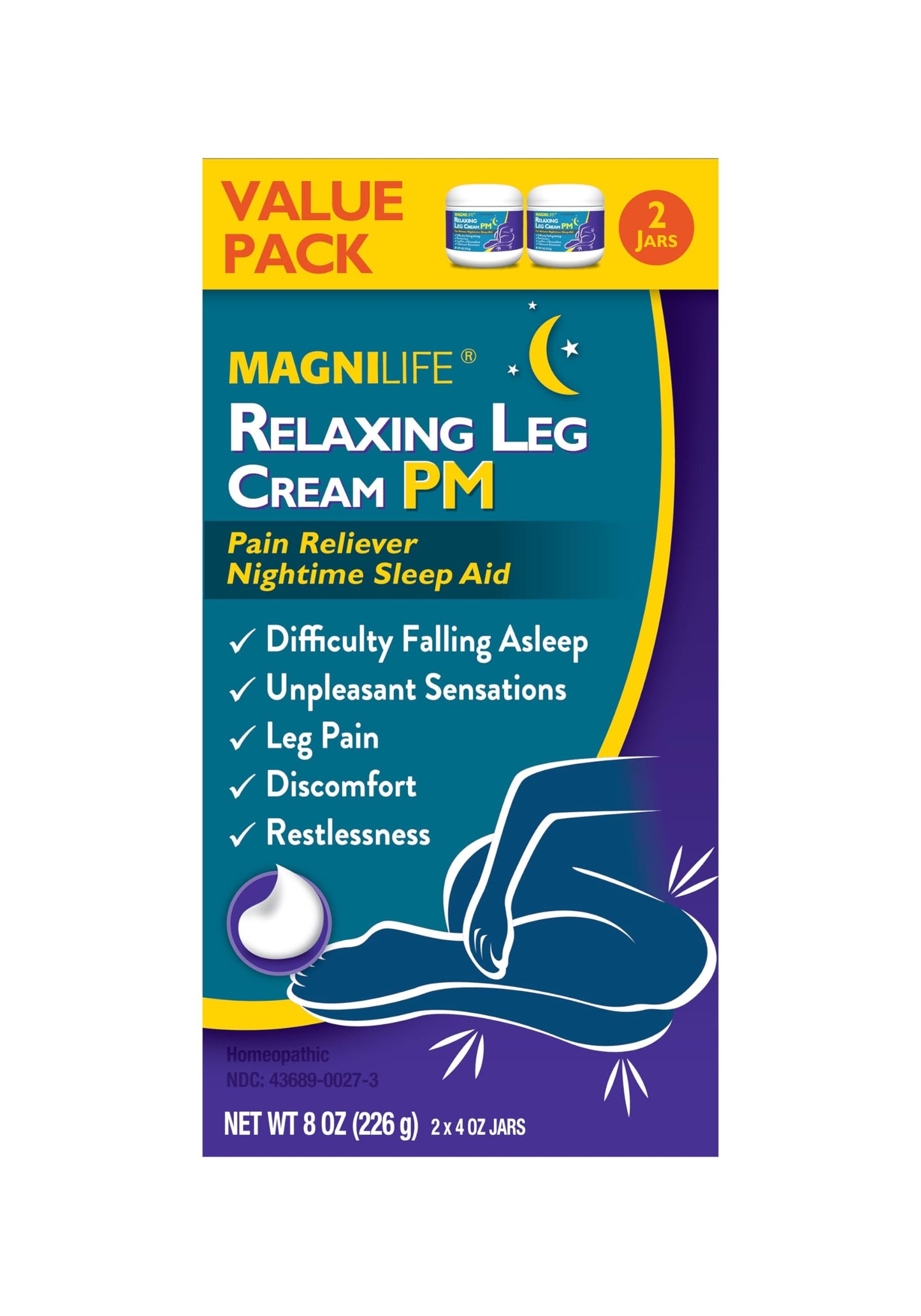 MagniLife Relaxing Leg Cream PM, Restless Legs, Deep Penetrating Topical for Pain, Naturally Soothe Cramping, Discomfort, and Tossing with Lavender and Magnesium (2 Pack-4oz Jars)