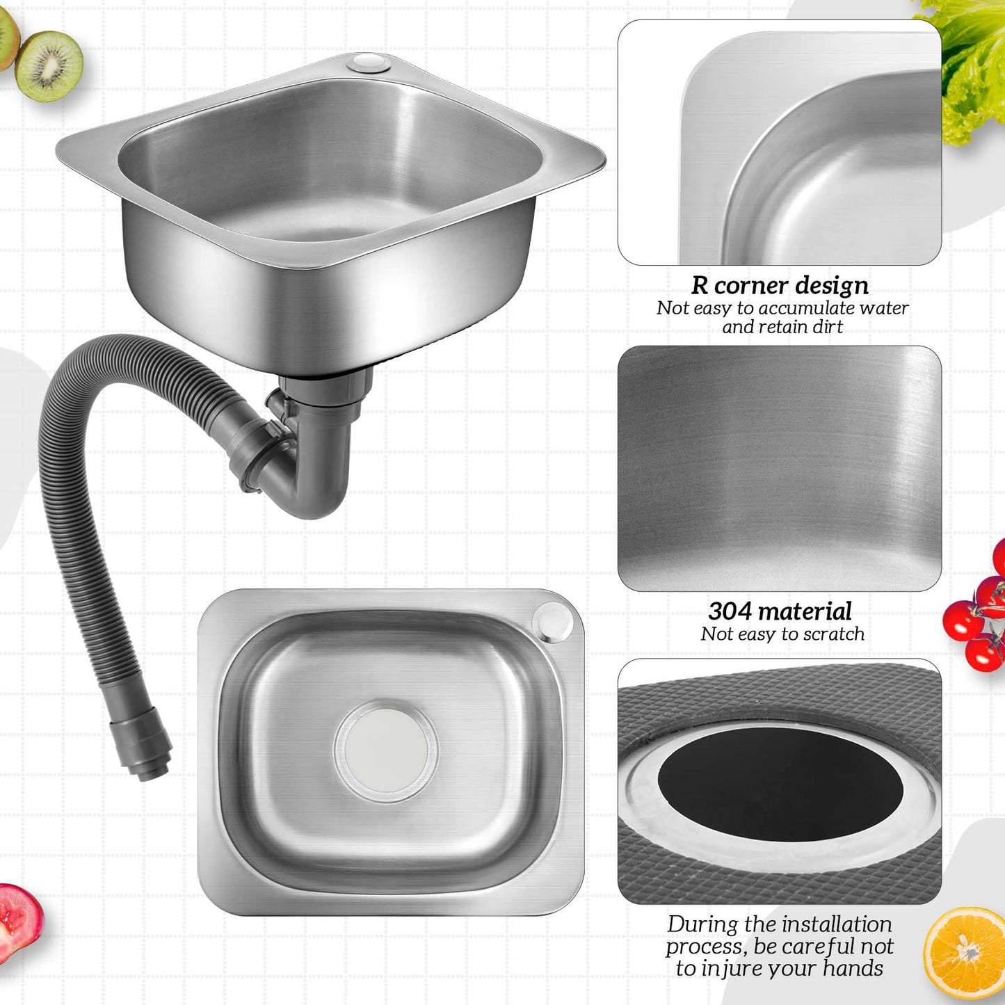 Kittmip 3 Pcs Stainless Steel Utility Sink with Drain Filter Pipe Tube Kit, 15 x 12 Inch Commercial Hand Washing Sink Set for Restaurant Bar Rv Bathroom Laundry Kitchen (Without Faucet)