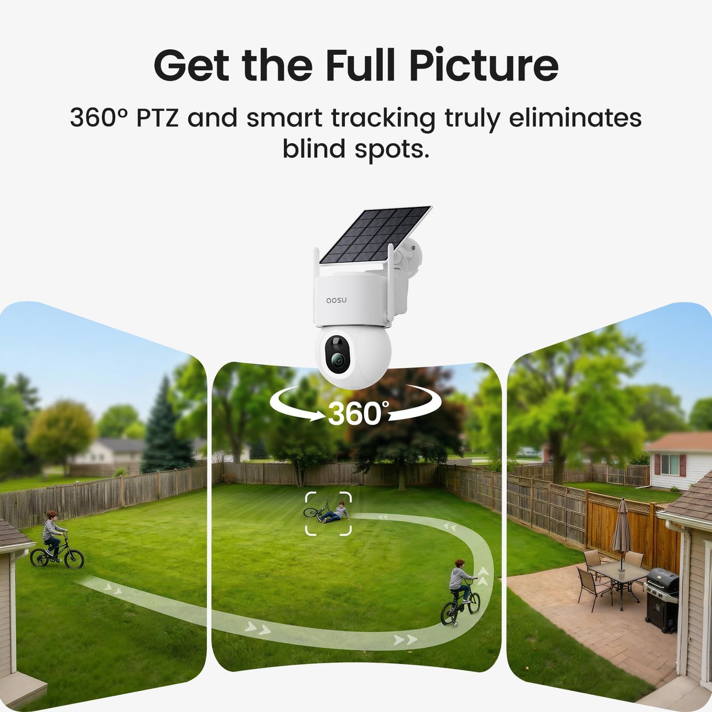 aosu SolarCam D1 Max 4-Cam Kit, 4K Solar Security Cameras Outdoor Wireless, 360° Pan & Tilt Coverage, Auto Tracking, Color Night Vision, No Subscription Required, Local Storage up to 1TB