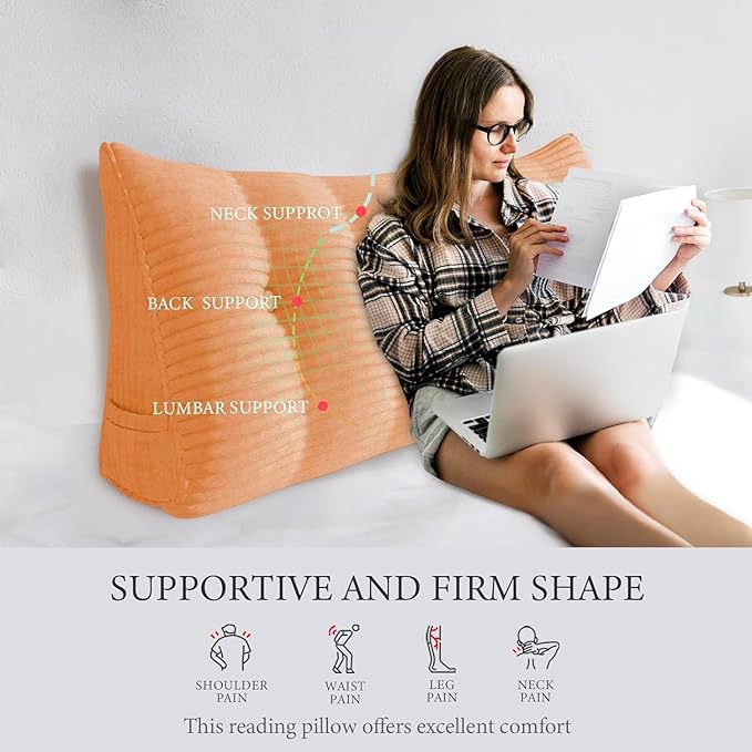 Wedge Headboard Pillow Dorm Room Reading Pillow Back Support for Sitting Up in Bed Bolster Lumbar Cushion Body Positioning Bedrest Corduroy (Peachy, King (76 * 8 * 20in))