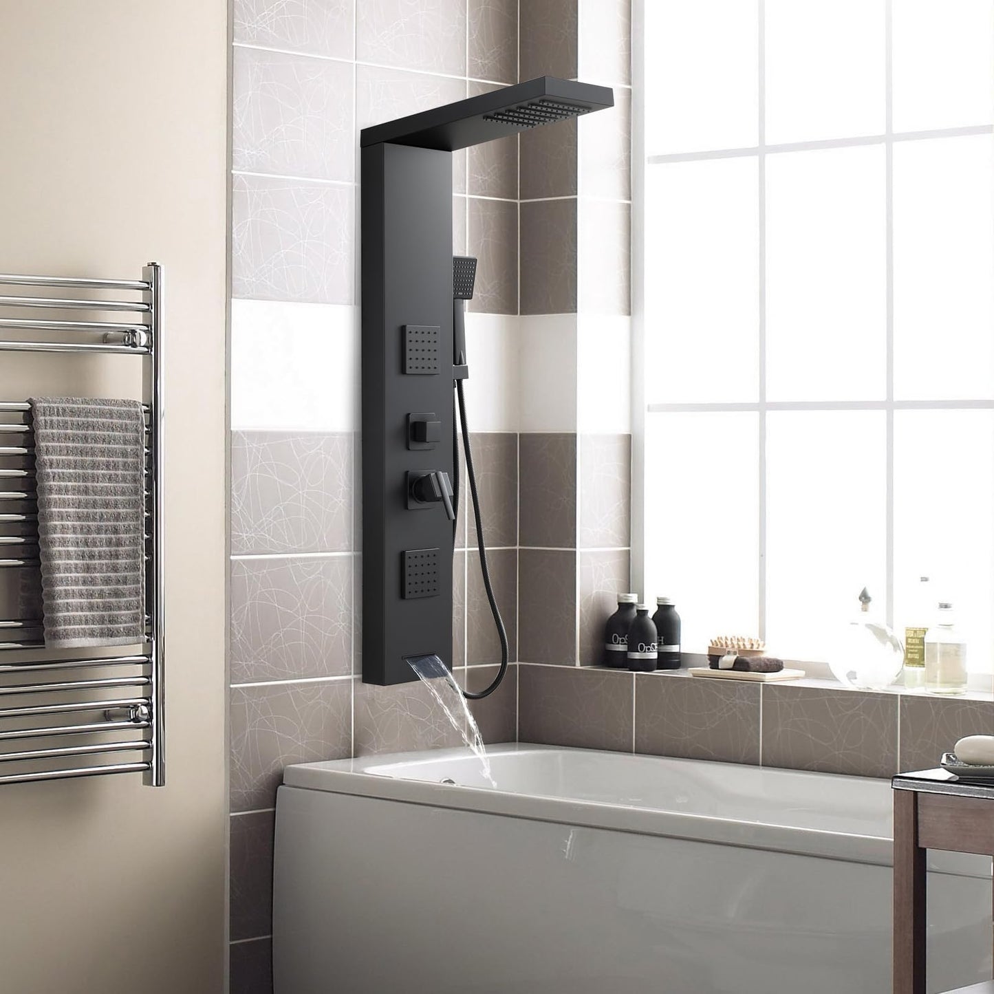ROVOGO Shower Panel Tower System with High Pressure Shower Head, Body Jets, Handheld and Tub Spout, 46.5"H x 7.8"W Shower Column Stainless Steel with Mixer Valve, Black