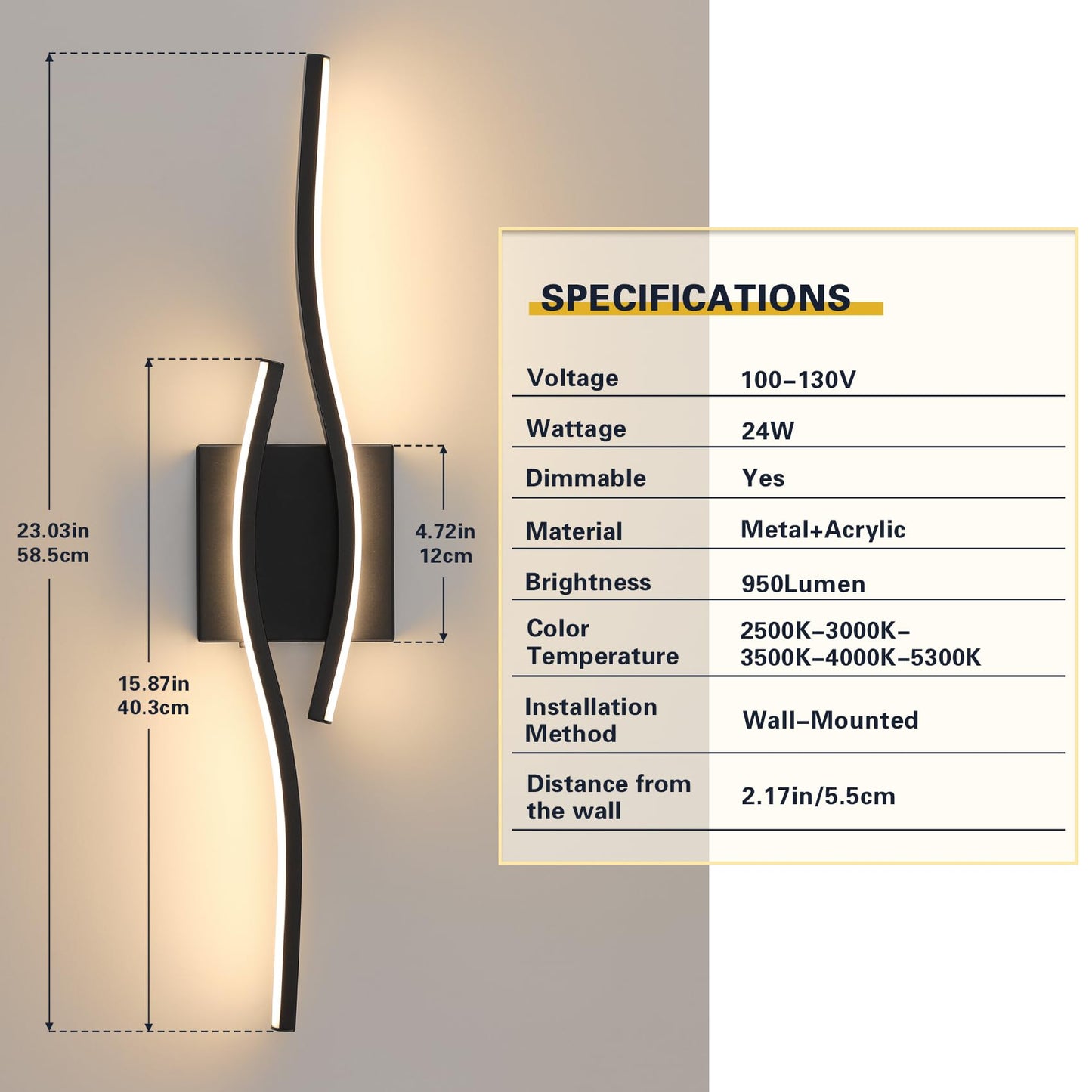 Joossnwell Vanity Light for Bathroom Lighting Fixtures Over Mirror Black Dimmable 5CCT Vanity Lighting Fixture Modern Bath Vanity Lights Bar 23 Inch Led Bathroom Sconces