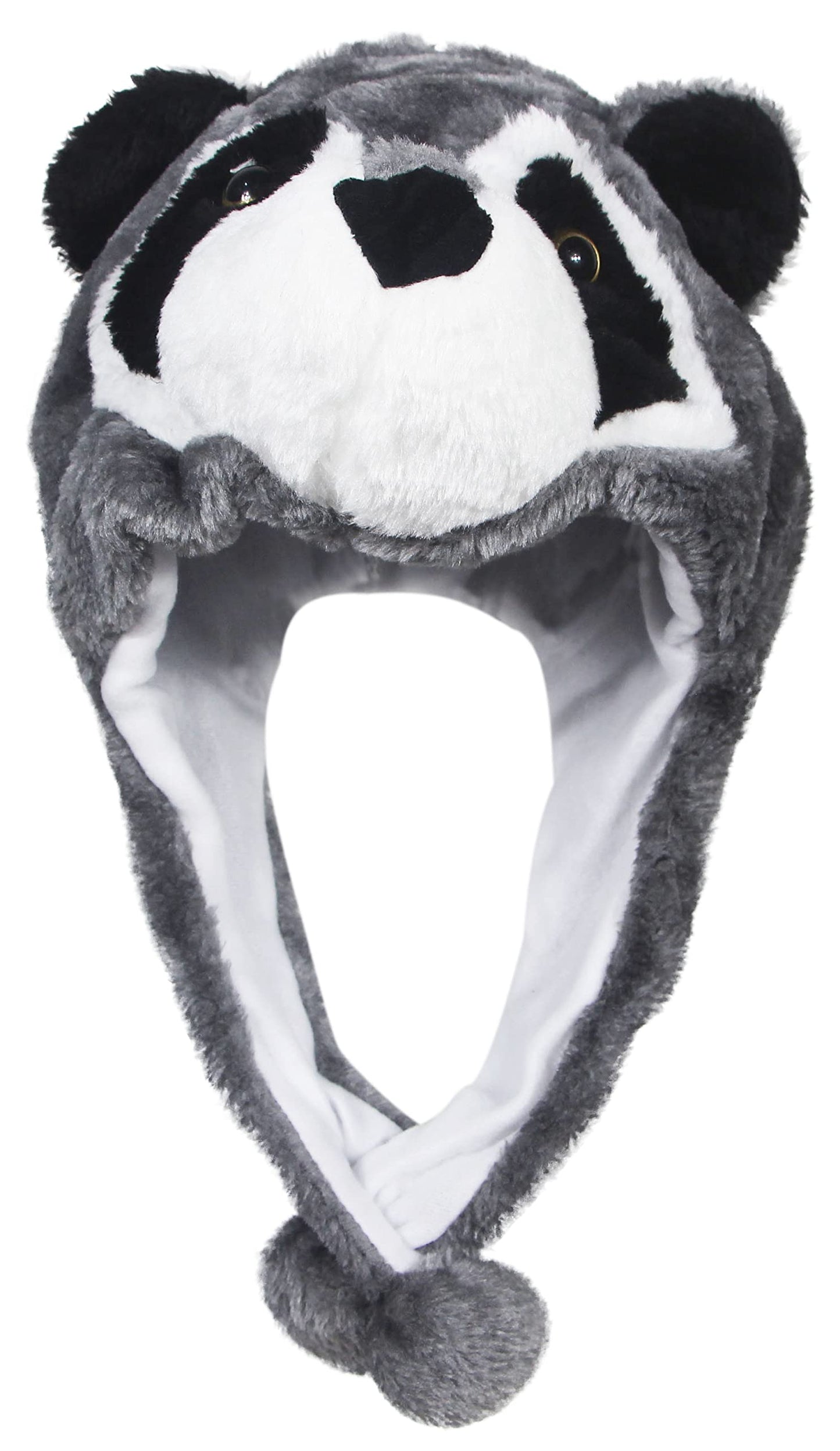 Timiot Cute Plush Animal Character Winter Hat Fun Ski Cap with Detailed Animal Face Long Ear Straps with Pom Pom Ends (Raccon)