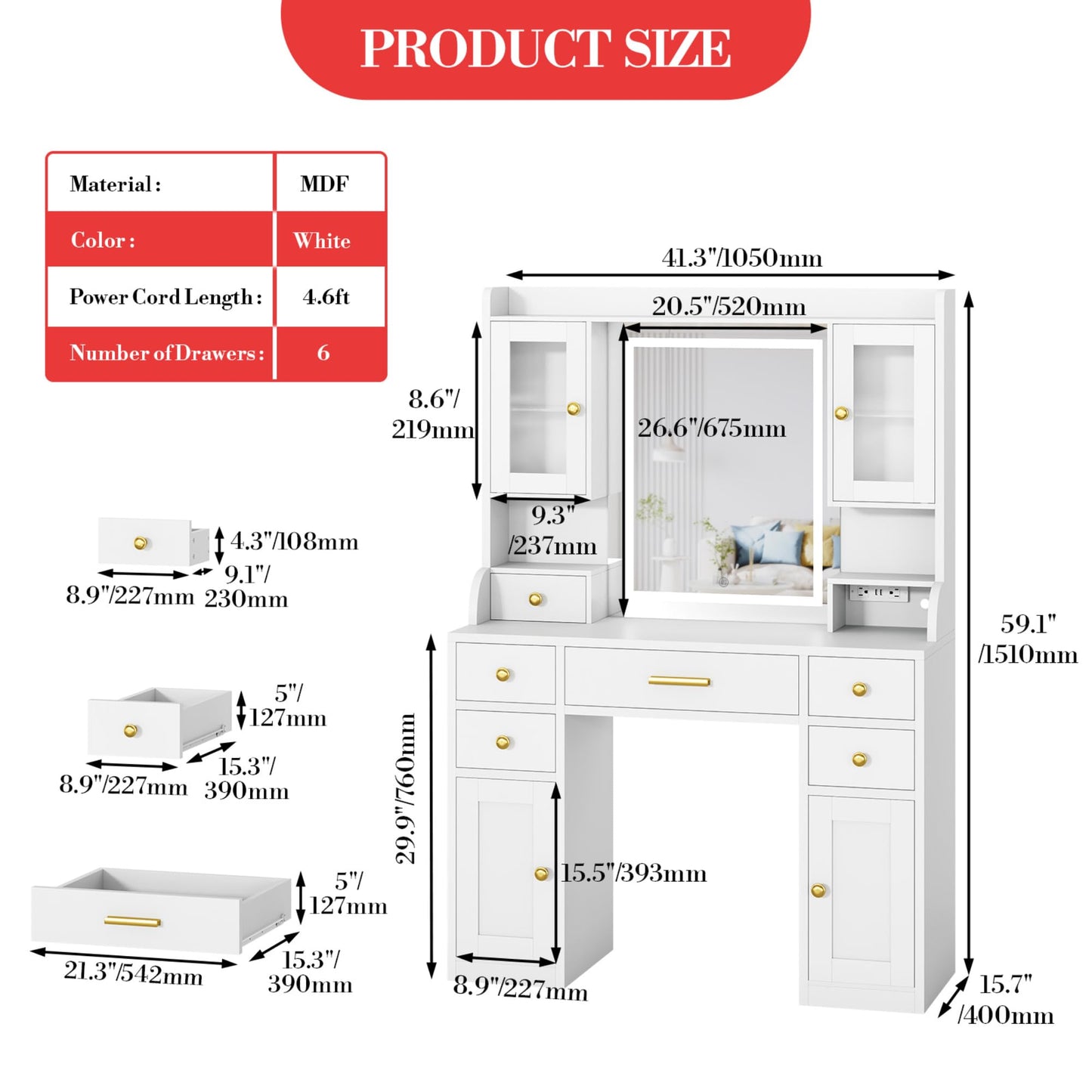 41" Vanity Desk with Mirror and Lights, Makeup Vanity with 6 Drawers, Storage Shelves, RGB Cabinets and 3 Lighting Modes Adjustable Brightness, Dressing Table with Charging Station for Bedroom- White
