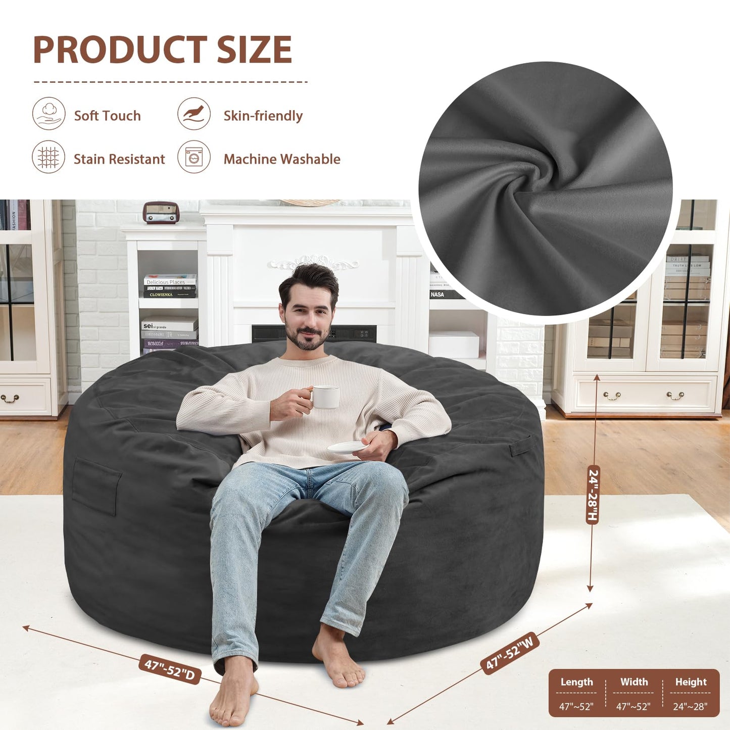 SIMFLAG 5FT Bean Bag Chair, Large Bean Bag Chairs with Memory Foam Filled, Fluffy Beanbag Sofa with Dutch Velvet Cover, Round BeanBag Chairs for Living Room, Playroom - Grey