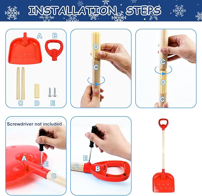 1Pcs Kids Snow Shovel Detachable Toddler Snow Shovels 22"-32" Small Wooden Snow Shovels with Scoop and D-Grip Handle Plastic Child Snow Shovel Red Winter Shovel for Outdoor Yard Garden Activities