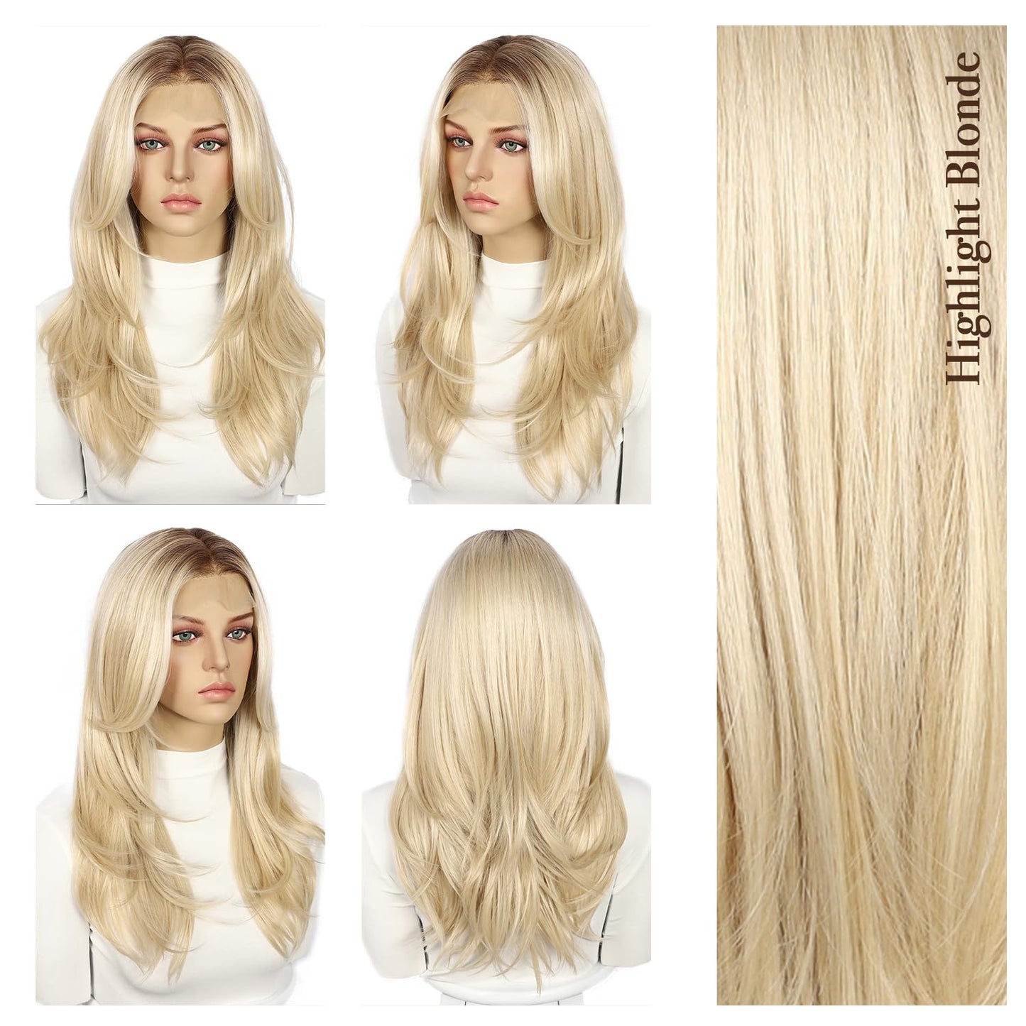 BABEHERS Blonde Synthetic Lace Front Wig, 13x4 Straight Highlight Layered Wigs for Women Pre-plucked Natural Hairline Heat Resis