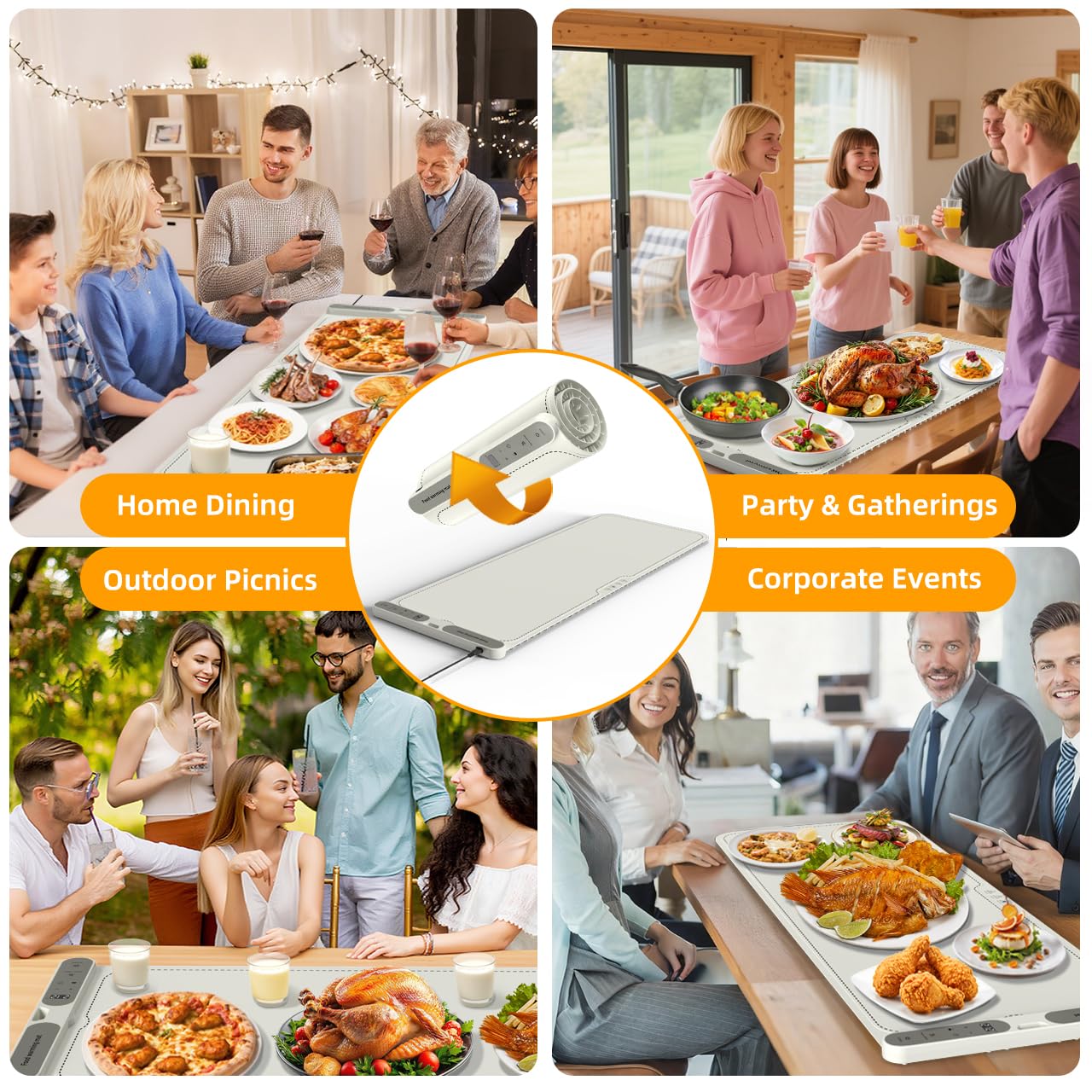 Budsom Food Warming Mat - 8s Fast Heating Electric Warming Tray with 7-Level Temperature & 8-Hour Timer, Roll-Up Portable Food Warmer for Home Dinner, Party, Travel, Outdoor Picnic