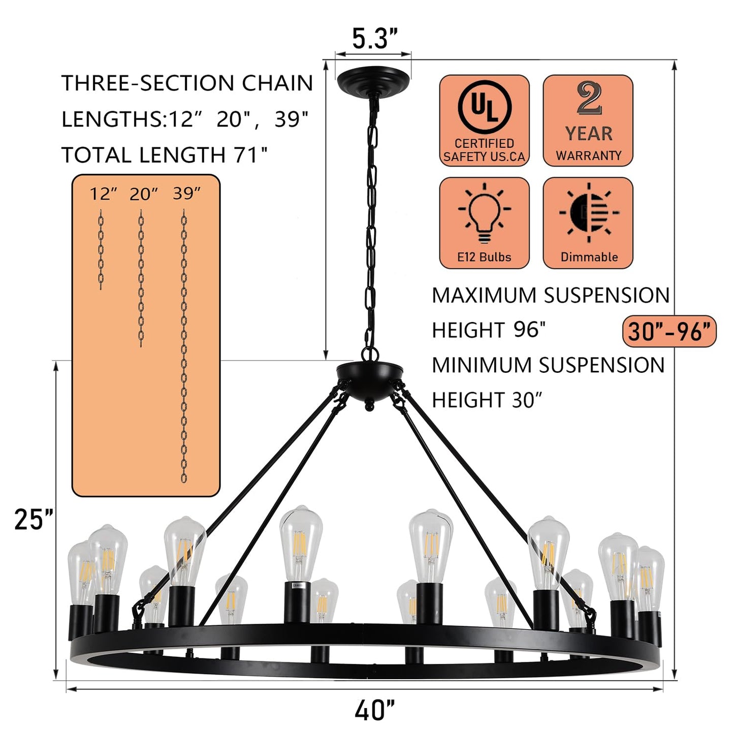JTYP 40" Black Wagon Wheel Chandelier,E26 16-Light Large Round Rustic Farmhouse Chandelier Industrial Pendant Light Fixtures for Dining Room Living Room Kitchen Island Entryway Foyer
