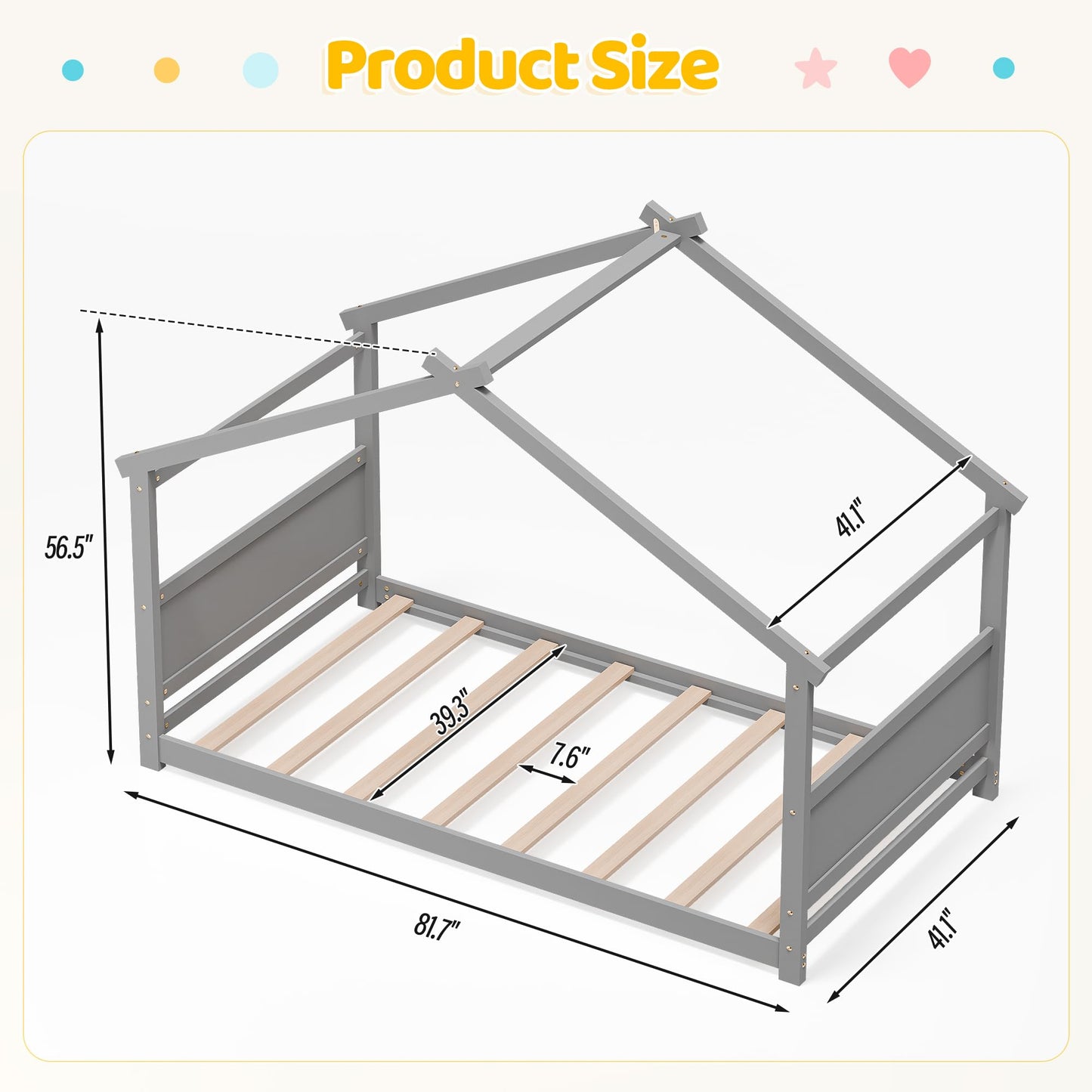 Redpick Twin House Bed, Montessori Floor Bed with Headboard & Footboard, Solid Wood Bed Frame for Toddlers Teens Bedroom, No Box Spring Needed, Grey