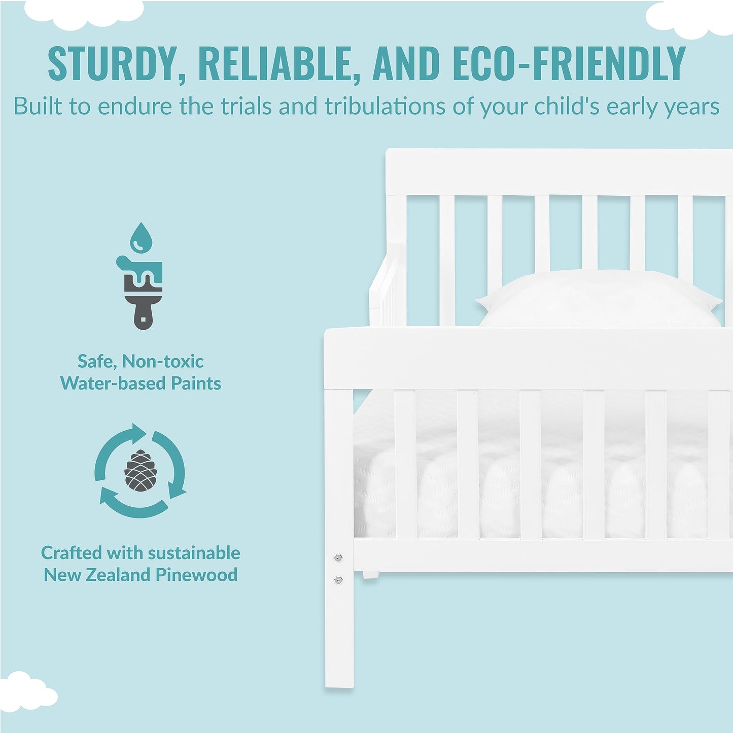 Dream On Me Finn Toddler Bed in White, Greenguard Gold and JPMA Certified, Non-Toxic Finish, Made of Sustainable New Zealand Pinewood, Wooden Nursery Furniture