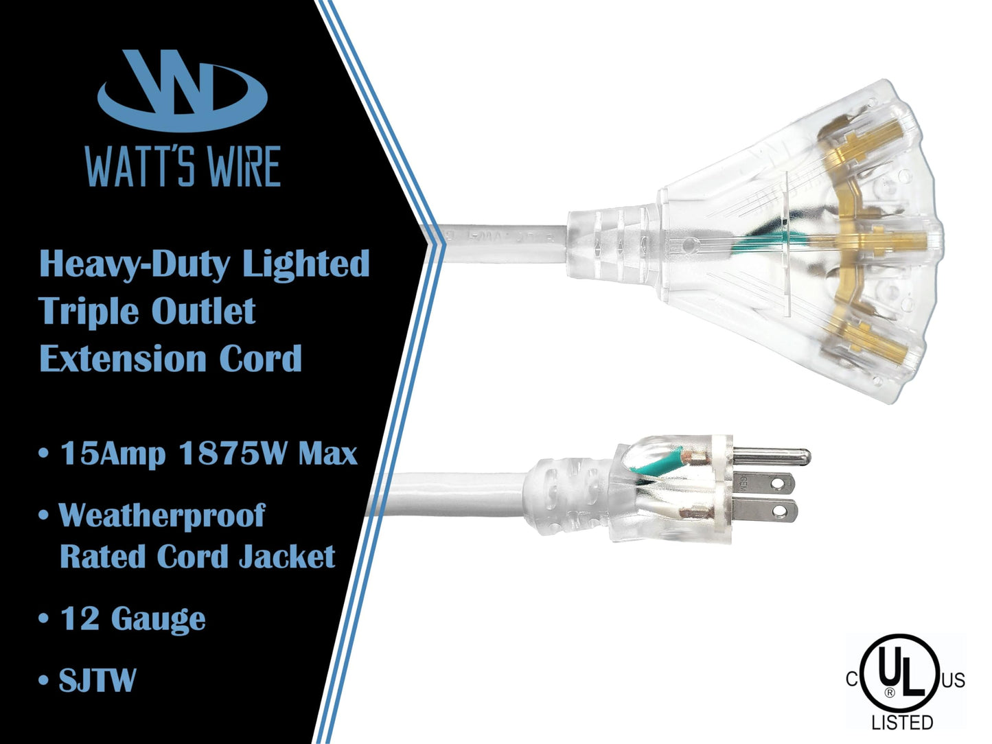 15 Ft - 12 Gauge Heavy Duty Extension Cord - 3 Outlet Lighted Sjtw - Indoor/Outdoor Extension_Cord By Watts Wire - 15 12-Gauge