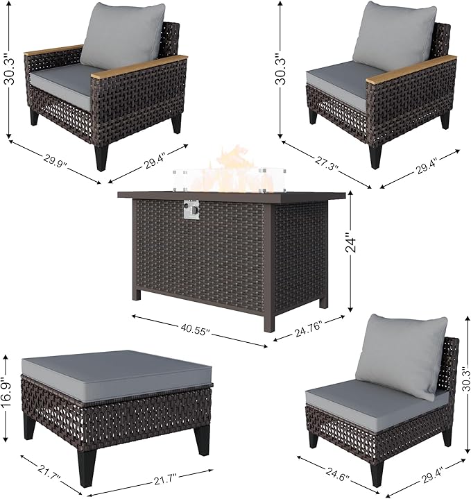 8 Pieces Patio Conversation Sets, Outdoor Furniture Set with Fire Pit Table, Wicker Rattan Sectional Modular Sofa Seating Set for Porch, Poolside, Deck, Balcony, Backyard, Yard, Garden (Gray Cushions)